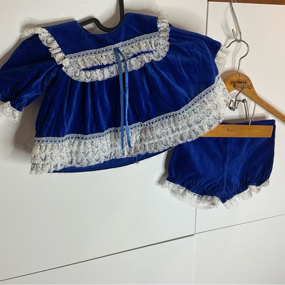 Vintage 80s Royal Blue Velvet Lace Trimmed dress and shorts sz 3-6 months